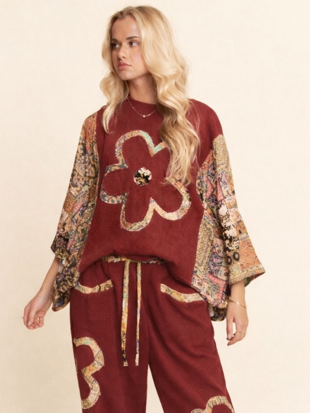 DAVI & DANI Burgundy Floral Accent Knit Top